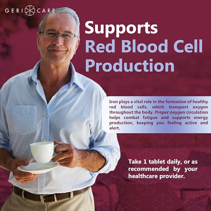 GeriCare Iron 65mg Plus Vitamin C 125mg Tablets – High-Absorption Iron for Anemia Support, Red Blood Cell Production, Fatigue Reduction, and Immune Health – 60 Count (2 Pack)