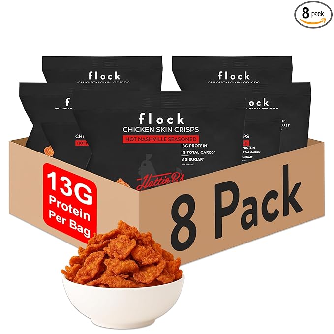 Flock Keto Chicken Skin Chips – | Hattie B's Nashville Hot Flavor | Low Carb, High Protein, Gluten-Free Chicken Crisps, Keto Snack, Low Carb Chips, Protein Crackers, Diet Snacks, 8-Pack (1oz)