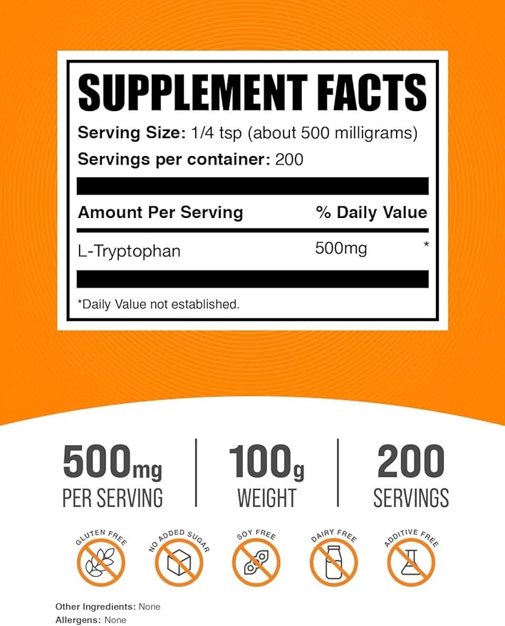 BulkSupplements.com L-Tryptophan Powder - Tryptophan Supplement, Amino Acid Supplement - Gluten Free, 500mg per Serving, 100g (3.5 oz) (Pack of 1)