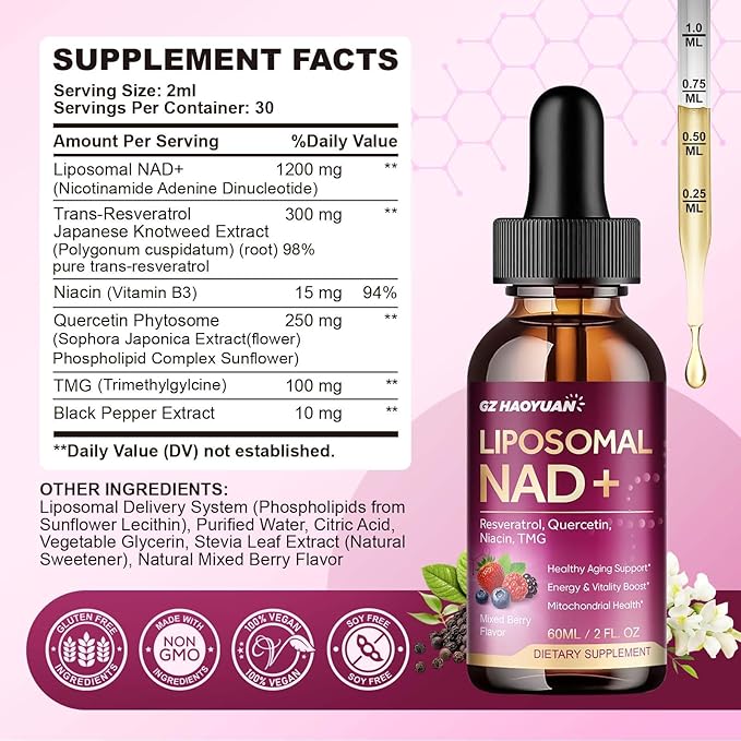 Liposomal NAD Supplement - 1200mg NAD+ Liquid Drops for Women with Nicotinamide, Resveratrol, Quercetin, TMG, Black Pepper Extract - Brain & Cellular Mitochondrial Health,Anti-Aging,Longevity，4 Fl Oz