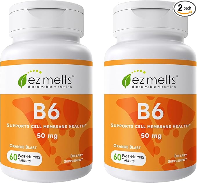 EZ Melts Vitamin B6 - Brain & Heart Health Supplement - Energy Metabolism Support - No Artificial Flavors - Non-GMO & Vegan - Orange Blast - 120 Dissolvable Tablets (60 Servings)