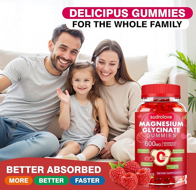 Magnesium Glycinate Gummies 600mg- Sugar Free Mg Potassium Supplement with Magnesium Glycinate, Vitamin D, B6 and CoQ10 for Calm Support & Sleep for Adults, 60 Days Supply ((Pack of 2), Raspberry)
