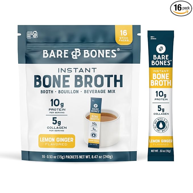 Bare Bones Lemon Ginger Bone Broth Instant Powdered Mix Packets | 5g Collagen | 10g Protein | Keto & Paleo Friendly | No Artificial Flavors | Rich Savory on-the-go 16 Pack
