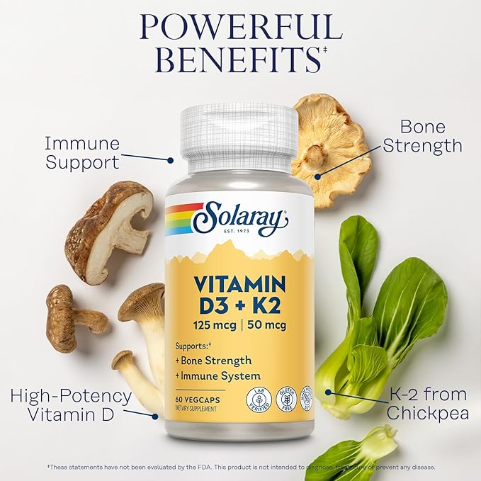 SOLARAY Vitamin D3 K2, K2 D3 Vitamin Supplement for Calcium Absorption, Bone Strength, Cardiovascular & Immune Function Support, Made Without Soy, 60-Day Guarantee, 60 Servings, 60 VegCaps