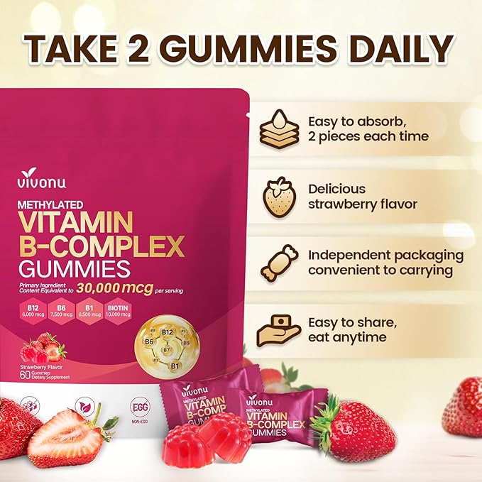 VivoNu Vitamin B Complex Gummies, 6000 mcg Methylated Vitamin B12, with B6 B1, B2, B3, B5, B7, Methylfolate, Vitamins A C D E, Vegan, Non GMO, Methylated B Complex Vitamin (4 Bag)