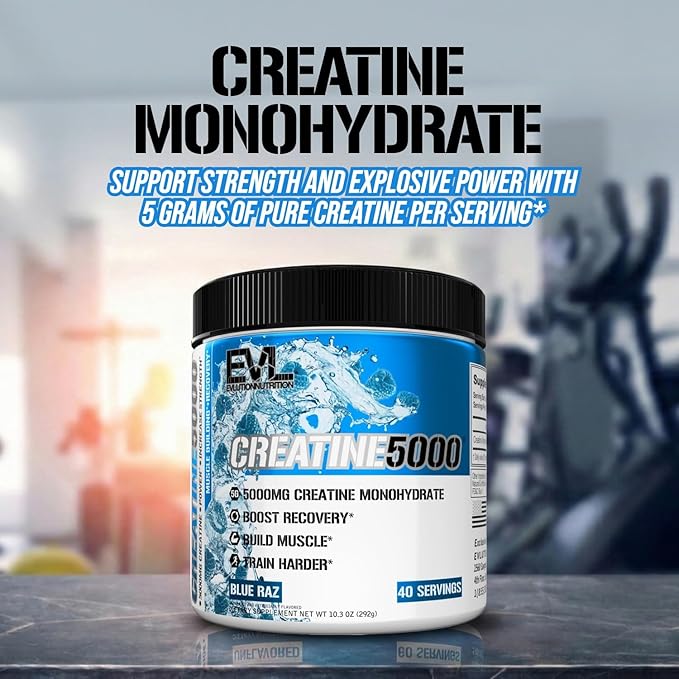 Evlution Nutrition Creatine 5000 - Supports Faster Recovery, Lean Muscle Growth & Performance - Pre & Post Workout Powder - 5000mg Pure Creatine Monohydrate Per Serving - 40 Servings - Blue Raz