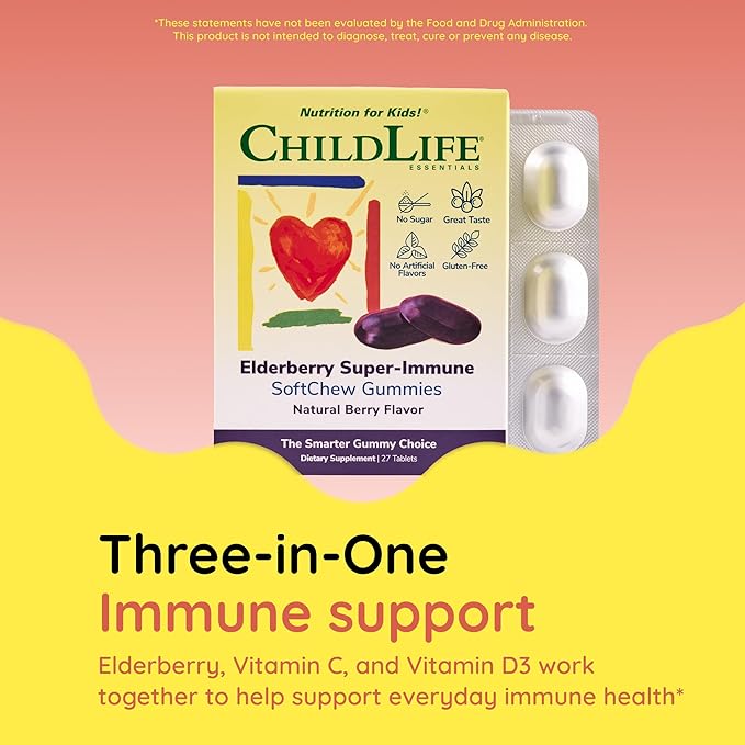 CHILDLIFE ESSENTIALS Elderberry Super-Immune SoftChew Gummies for Kids - Immune Support with Vitamin C & Vitamin D3, Elderberry Immune Supplement for Babies, Toddlers & Children - Berry, 27 Softchews