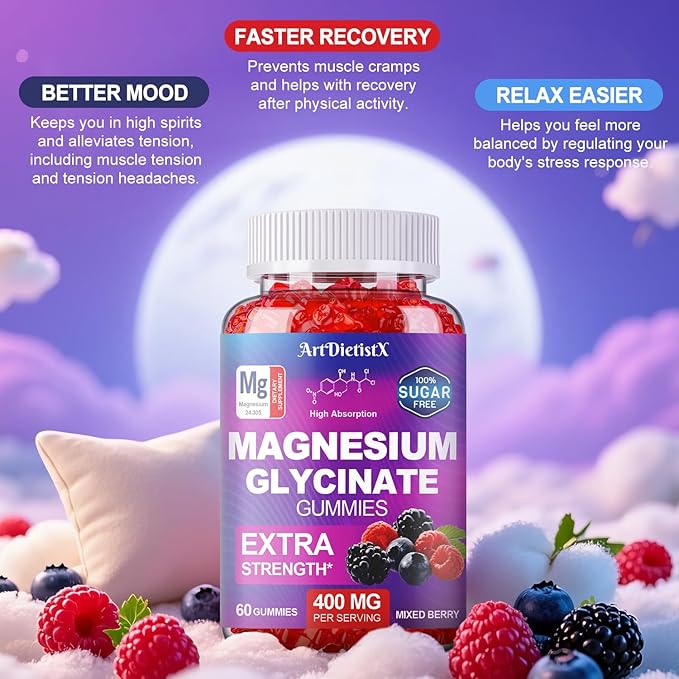 Magnesium Glycinate Gummies 400mg, Sugar Free Mаgnеsium Gummiеs for Adults with Magnesium Malate, Zinc, and Vitamin B6 for Sleep, Body Support and Relaxation, Non GMO, 60 Count-Multi-Flavor