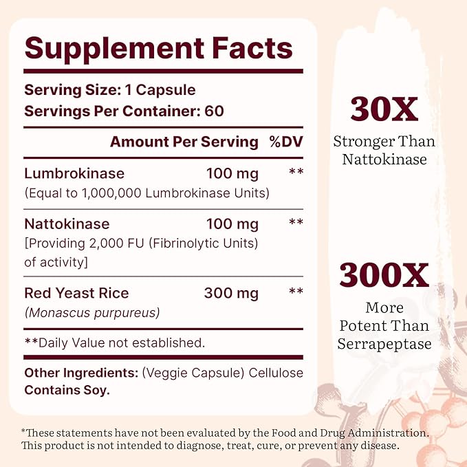 Lumbrokinase 100mg (Max Activity 1,000,000 LKU),Nattokinase 100mg-2,000 FU of Activity and Red Yeast Rice 300mg, Potent Lumbrokinase Enzymes Supplement for Circulatory,Cognition,60 Capsules(Pack of 1)