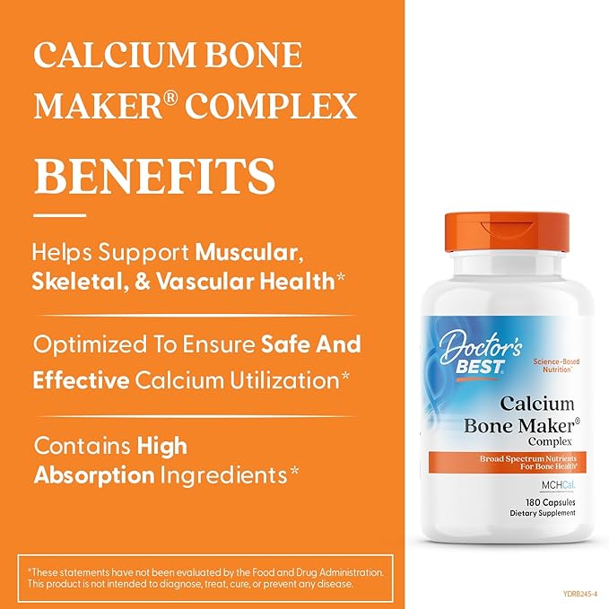 Doctor's Best Calcium Complex Supplement for Women & Men - Bone Strength & Health Support Caps, Vitamin C, D3, K2, MCH-Cal, Magnesium, & Potassium Citrate Complex, Non-GMO - 180 Capsules