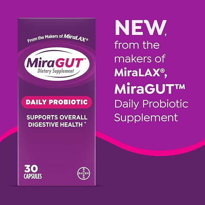 from The Makers of MiraLAX, MiraGUT Daily Probiotic, Probiotics for Digestive Health, Gluten-Free Supplement, Probiotic for Women and Men, Support Overall Digestive Health, 30 Ct