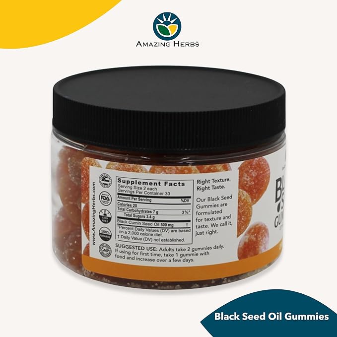Amazing Herbs Organic Black Seed Oil Gummies - 500mg Per Serving, Cold Pressed Black Cumin Seed, Made with Nigella Sativa, Helps Boost Immunity, Supports Healthy Digestion - Orange Flavor 60 Count