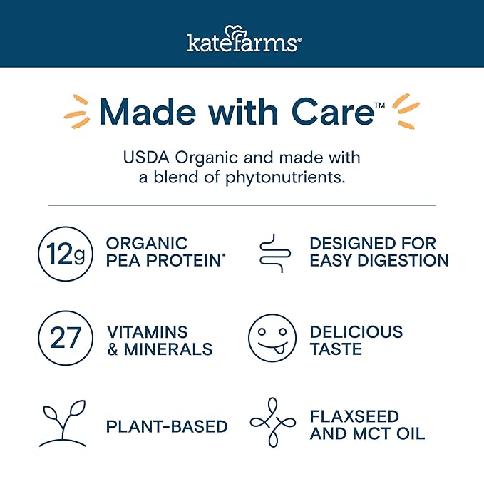KATE FARMS Organic Plant Based Pediatric 1.2 Sole Source Vanilla Nutrition Shake,12g of protein,27 Vitamins and Minerals,Meal Replacement Drink for Kids,Non-GMO,8.45 Fl oz,(Pack of 24)