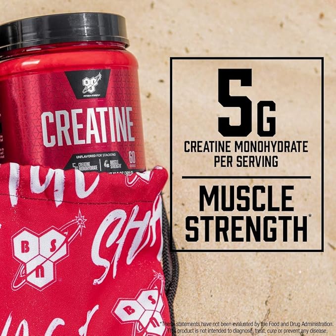 BSN Micronized Creatine Monohydrate Powder, Unflavored Creatine Powder, Micronized, Supports Muscle Building, Supports Muscle Strength, Gym Supplement, 5g per Serving, 5000mg per Servings, 60 Servings