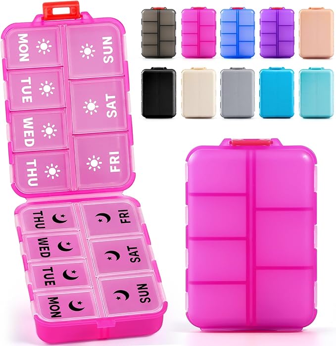 Foldable & Portable Weekly Pill Organizer 2 Times a Day with Clear Printed Labels - 7 Day AM PM Medicine Box, Week Daily Travel Pill Case Holder for Medications, Vitamin, Supplement - Clear Pink