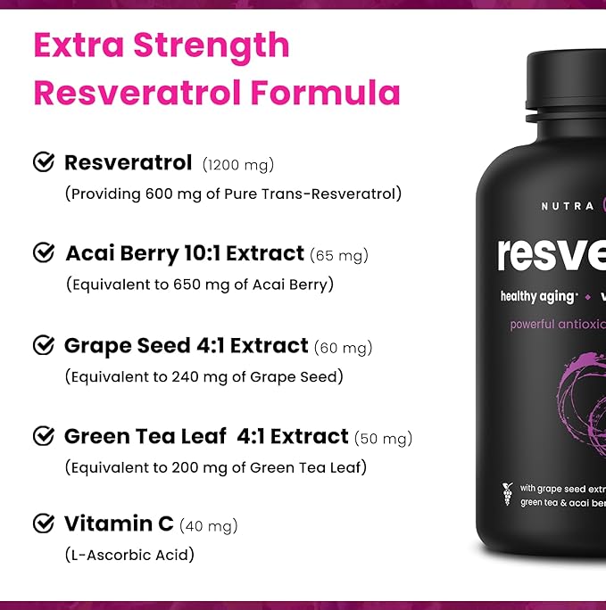 NutraChamps Resveratrol Supplement, Extra Strength Formula for Healthy Aging, Immune Support, 60 Vegan Capsules with Trans-Resveratrol, Green Tea Leaf, Acai Berry & Grape Seed Extract