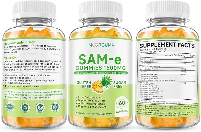 SAM-e L-Tyrosine Gummies with NAC, CoQ10 & Vitamin B Complex, 1600mg SAM-e, 1500mg L-Tyrosine Supplement for Energy, Cellular Antioxidant Support, Emotional Well-Being Support, 60 Count