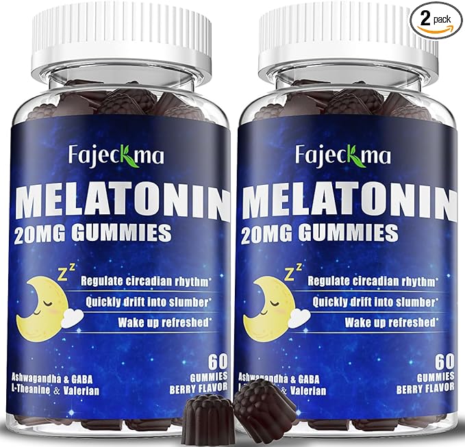 Natural Melatonin 20mg Gummies for Adults: Sugar Free Chewable Supplement with Magnesium Ashwagandha L-Theanine GABA Valerian Root Vitamin B12 Gummy - for Women Men Deep Zzz Immune Support(120Count)