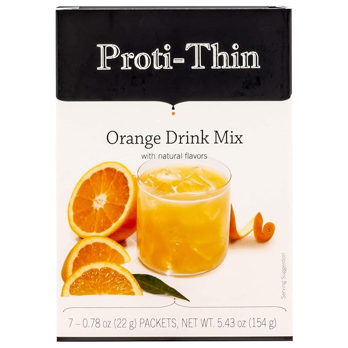 Proti-Thin Orange Fruit High Protein Drink Mix - Instant Refreshment with Natural Flavors | Low Calorie & Low Carb, Fat & Sugar-Free, Gluten-Free | Proti Thin Fruit Drink Mix, 7 Servings/Box