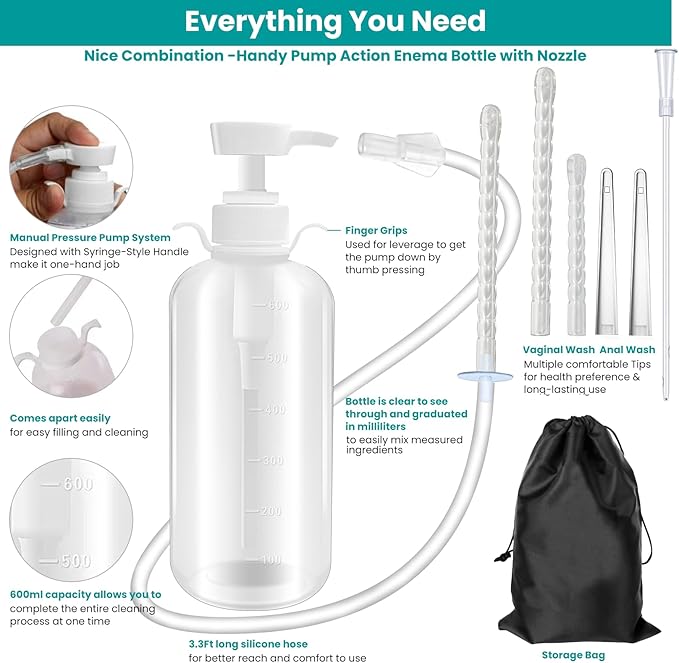 600ml Feminine Wash Enema Pump Bottle Kit 6Pcs Enema Nozzle Tips for Coffee Colon Cleansing Men Women, Anal Vaginal Douche Flush Spray Intimate Shower Irrigator Cleanser Enema Bucket Kit Hand Press