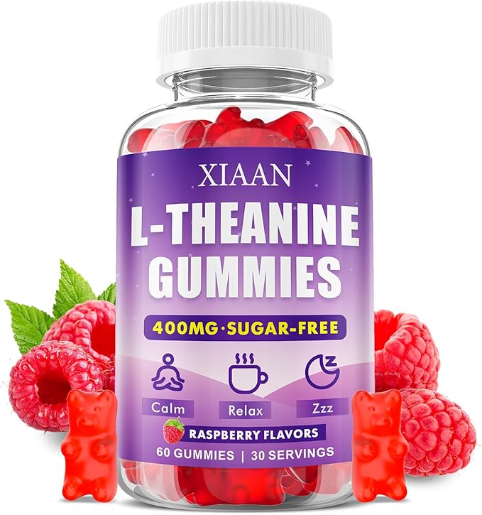 L-Theanine Gummies for Kids & Adults, L'Theanine 400mg Chewable L Theanine Supplement for Calm, Zzz & Relaxation Support, Vegan, Organic, Raspberry Flavor, 60 Counts