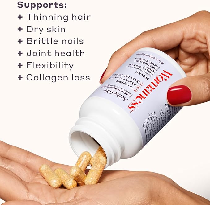 Womaness Active Glow Hair Skin and Nails Vitamins for Women - Hair Growth Vitamins with Hyaluronic Acid - Biotin and Curcumin - Nail Care, Joint Support and Glow Supplements for Dry Skin - 30 Capsules