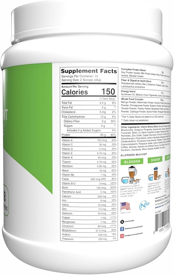 N53 Lean1 Meal Replacement Protein Powder, Cafe Latte Flavor, 15 Serving tub, No Sugar Added