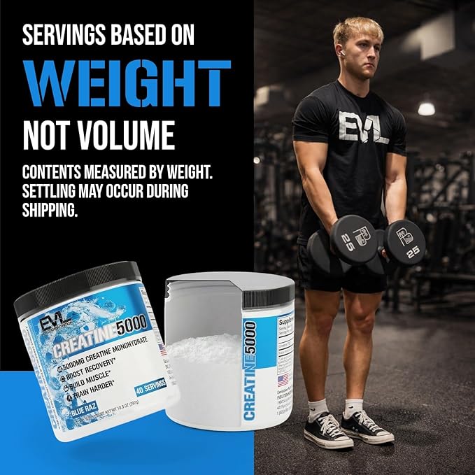 Evlution Nutrition Creatine 5000 - Supports Faster Recovery, Lean Muscle Growth & Performance - Pre & Post Workout Powder - 5000mg Pure Creatine Monohydrate Per Serving - 40 Servings - Blue Raz