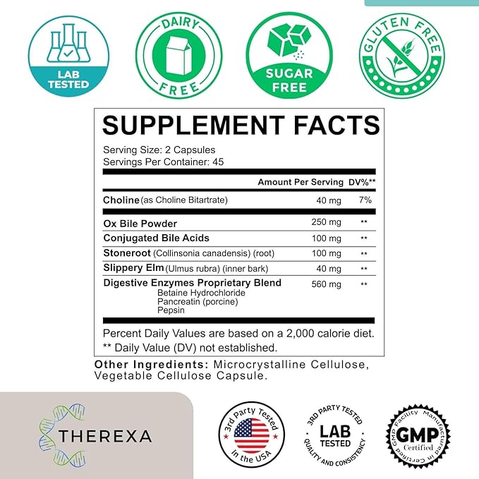 Ox Bile Supplements for No Gallbladder - Ox Bile Digestive enzymes, Purified Bile Salts, Gallbladder Supplements Complex Formula, 90 Capsules