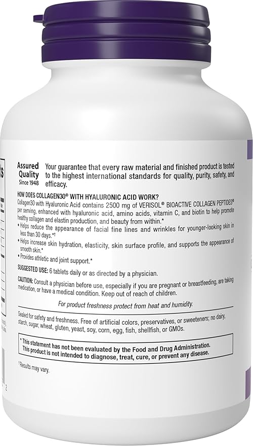 Webber Naturals Collagen30 with Hyaluronic Acid, Bioactive Collagen Peptides, 180 Tablets, Helps Reduce Eye Wrinkles and Fine Facial Line, Non GMO