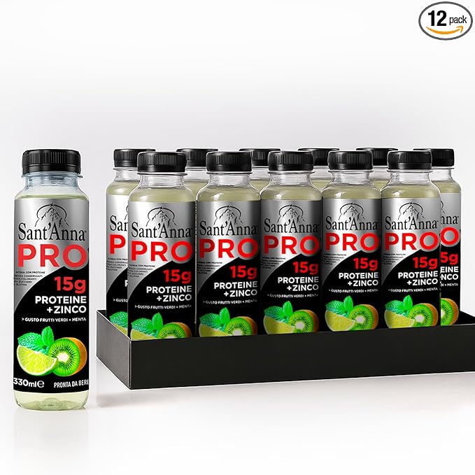 Sant'Anna PRO Functional Protein Drink – Green Fruits & Mint, 11.15 Fl Oz (12-Pack) | 15g Protein + Zinc | No Sugar | Clear Water | Crafted with Sant’Anna Alpine Water | BPA-Free | No Preservatives