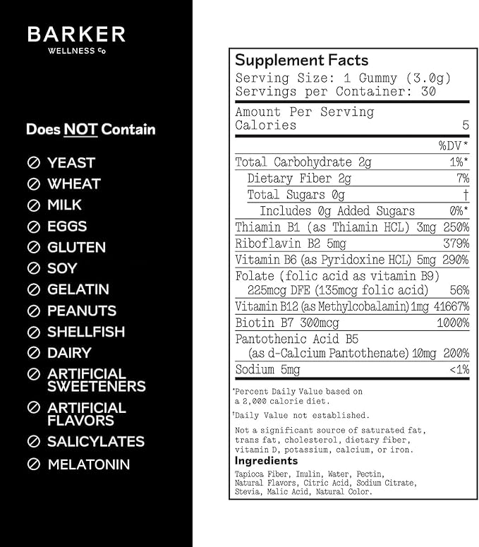 Barker Wellness Vegan B-Complex Gummies – Comprehensive Energy & Metabolism Boost with B1, B5, B6, B7 Biotin, B9 Folate, B12 | Sugar-Free Cherry Flavor for Daily Focus & Vitality