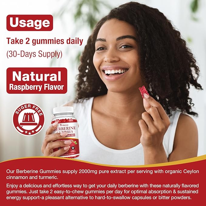 2 Pack Berberine Gummies with Ceylon Cinnamon, 2000mg Berberine HCL Supplement for Women & Men, Sugar Free, Vegan, Non-GMO, Gluten-Free, Raspberry Flavor-120 Count