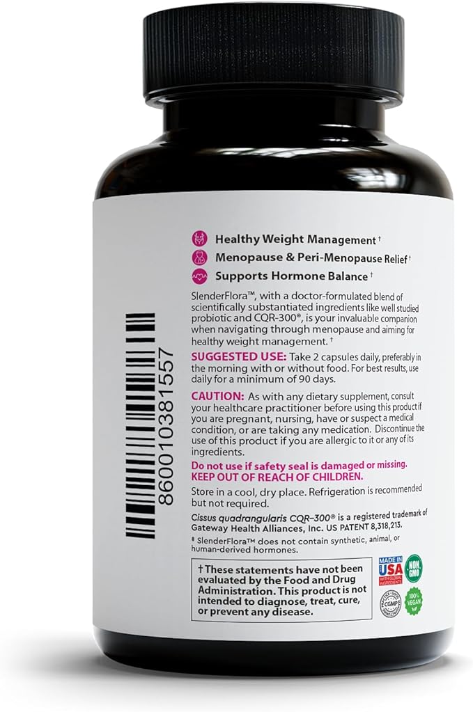 SlenderFlora - Menopause Probiotic Supplement | Weight Management, Hot Flashes, Night Sweats, Bloating | 70 Billion CFU | Gluten, Soy & Dairy Free | 60 Ct, Pack of 3