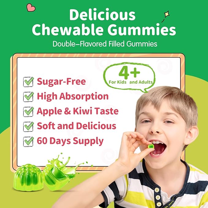 Magnesium Gummies for Kids - Magnesium Glycinate Gummies with L-Theanine, Vitamin B6, D3 for Kids & Adults Sleep, Calm, Relaxation, Brain, Bones, Muscle Relief, Sugar Free Green Apple & Kiwi 60ct