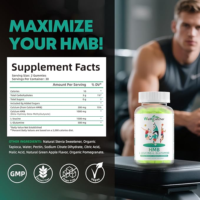 HMB and Leucine Amino Acid Gummies: HMB Supplements for Men Women with L-Glutamine for Muscle Growth Fast Workout Recovery, Sugar Free Vegan Non-GMO Green Apple Flavored 30 Day Supply