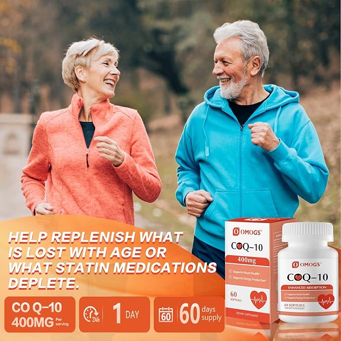 OMOGS CoQ10 400mg Softgels, Coenzyme Q10 High Absorption Supplements Support Heart Health, Cardiovascular Health, Immune System & Cellular Energy Production, Gluten Free, 60 Softgels