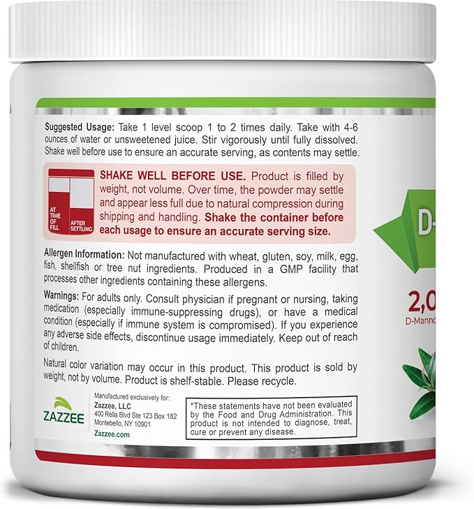 Zazzee D-Mannose Powder Plus, 2000 mg, 67 Servings, Plus 5 Billion CFU Probiotics and Pure Cranberry Juice Extract, Certified Kosher, Free Scoop, 6.67 oz, Urinary Tract Support, Non-GMO, All-Natural