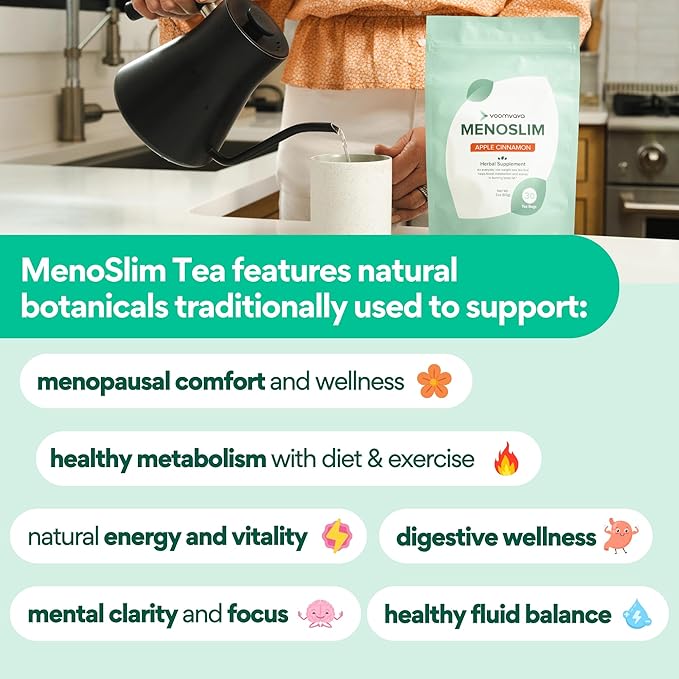 VoomVaya MenoSlim Tea – Menopause & Perimenopause Supplement for Women – Supports Healthy Metabolism & Overall Wellness – Apple Cinnamon Flavor – 30 Tea Bags