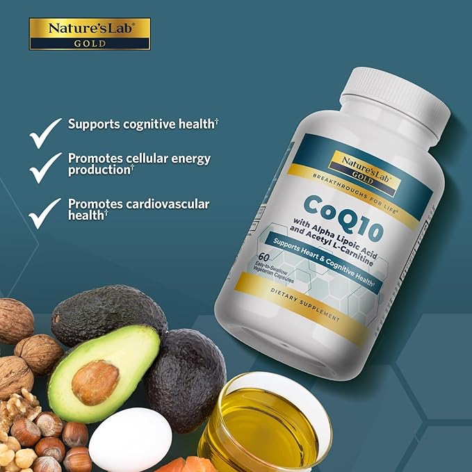 Nature's Lab CoQ10 200mg with Alpha Lipoic Acid & L-Carnitine - High Absorption Heart & Brain Support - Energy & Mitochondrial Function - 60 Capsules Gold