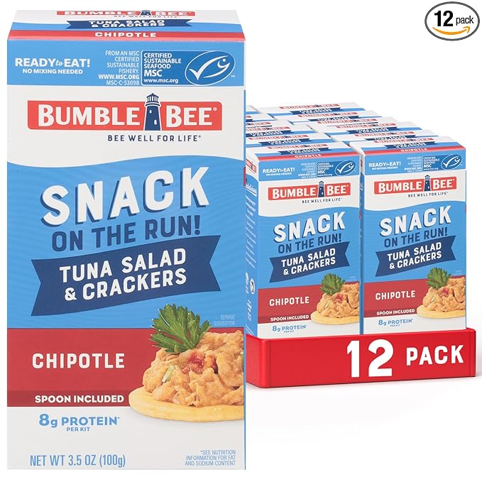 Bumble Bee Snack On The Run! Protein Snack Pack - 8g Protein per Box - Chipotle Tuna Salad with Crackers Kit - Ready to Eat Easy-Open Can - Wild Caught MSC-Certified Tuna (Pack of 12)