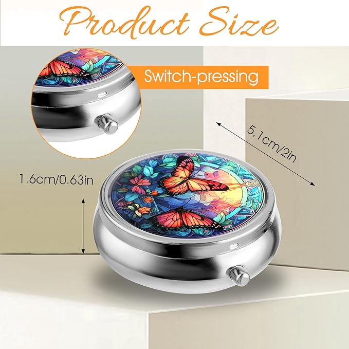 WLLHYF Pill Box Cute Small Pill Box for Purse & Pocket Medicine Organizer Travel Pillbox Waterproof Pill Case Metal Pill Container Holder for Vitamins, Fish Oil, Supplements (Silver Butterfly)