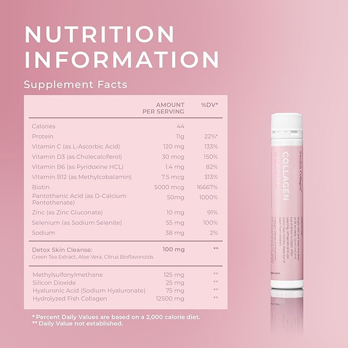 Swedish Collagen Deluxe | 12,500 mg Hydrolyzed Marine Collagen Liquid Supplement - 60 x 25 ml Daily Shots (2 Pack, 30 in Each) | Hyaluronic Acid, Biotin and Vitamin C for Hair, Skin, Nails and Joints