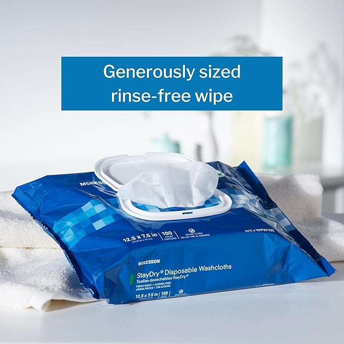 McKesson Staydry Disposable Washcloths with Aloe, Pre-moistened, 8 X 12", Soft Pack