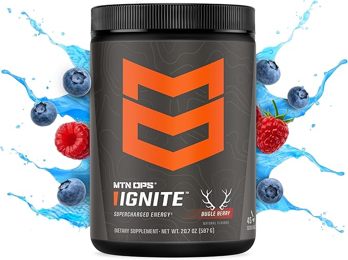 MTN OPS Ignite Sugar Free Energy Drink Powder with 200mg Caffeine, Nootropic Blend for Energy, Focus & Endurance, L Arginine & L Citrulline Pre Workout, 45 Servings, Bugle Berry