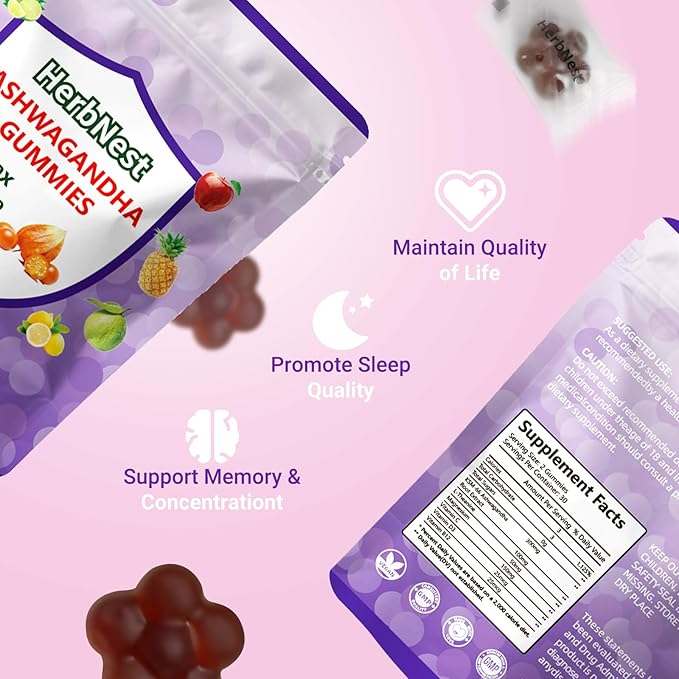 Ashwagandha Gummies & Vitamin D Gummy for Men & Women Tropical Flavor Vegan, Non-GMO, & Gluten Free Supplement 60 Count （ Individually Wrapped）