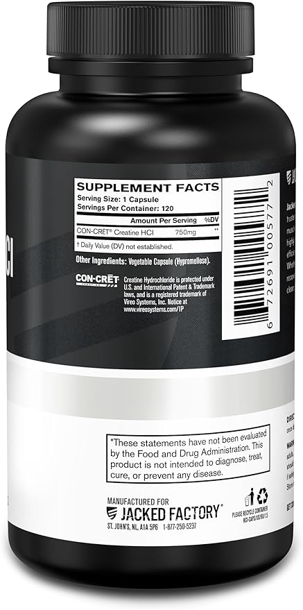 Jacked Factory Creatine HCl Capsules - CON CRET Creatine Pills 750mg - Lean Muscle Growth & Recovery, Boost Strength & Endurance, No Bloating or Cramps - 120 Capsules