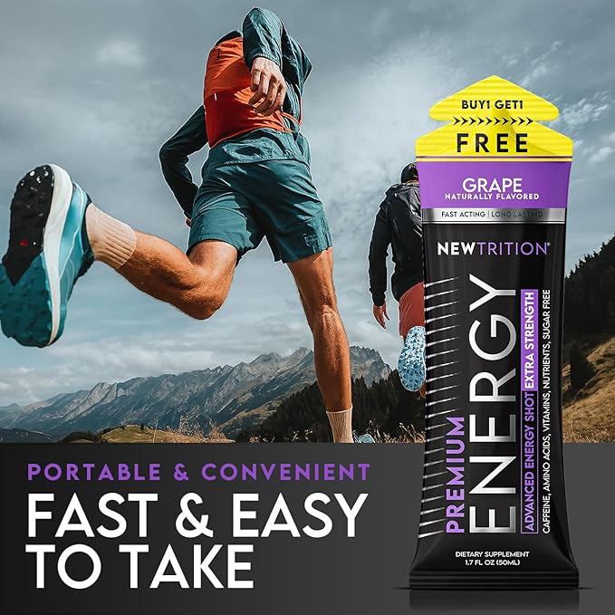 NewTrition® Extra Strength Energy Shots, 1.7 fl oz - 250mg Caffeine with Vitamin B & Amino Acids, Sugar-Free, Zero Calorie Vitamin Energy Drink for Focus & Endurance (Pack of 12, Grape)
