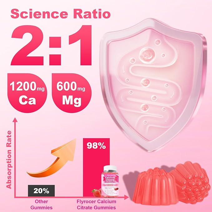 Calcium Citrate Gummies - Chewable Calcium Gummies for Bone, Muscle, Teeth, Immune Support, High Absorption Calcium Supplements for Women & Men Sugar Free Strawberry Flavor 60 Count