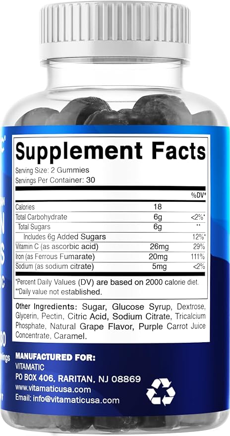 Vitamatic Iron Gummies Supplement for Women & Men - 20mg Serving - 60 Vegan Gummies - Great Tasting Iron Gummy Vitamins with Vitamin C (60 Count (Pack of 3))